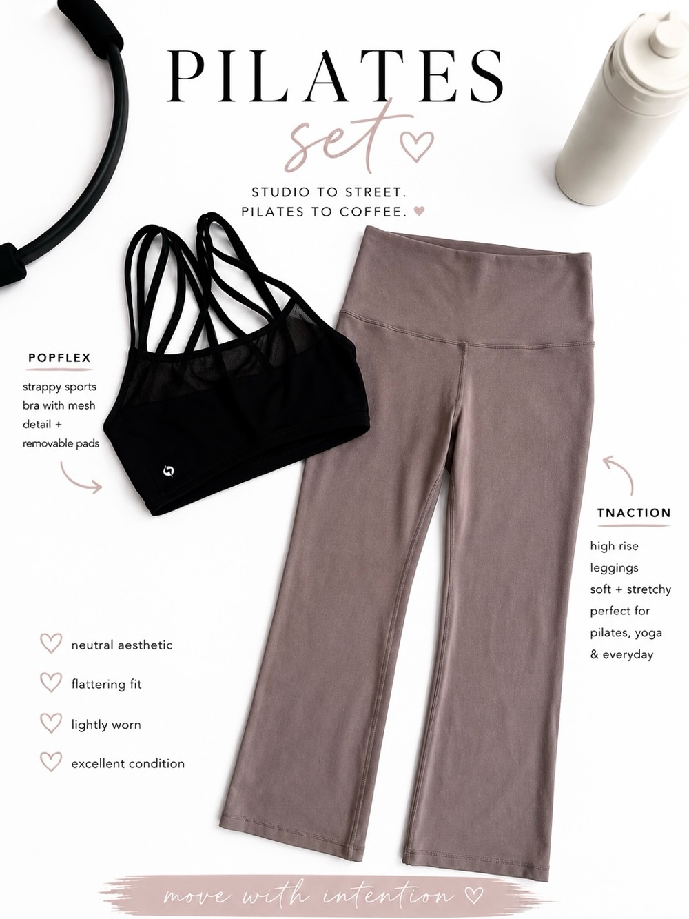 Popflex Strappy Sports Bra + TnAction Taupe Leggings Neutral Pilates Set
